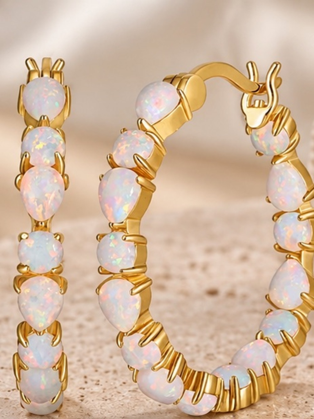 Gold Opal Stone Hoop Earrings 0.98” / 2.5 cm